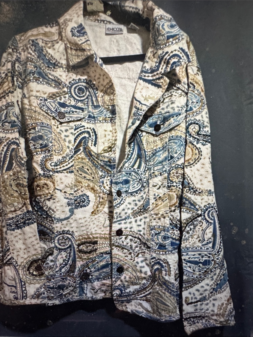 Chico's Blue & Cream Paisley Button-Front Jean Jacket Y2K